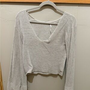 Free People Cream Ribbed V-Neck Long Sleeve Top